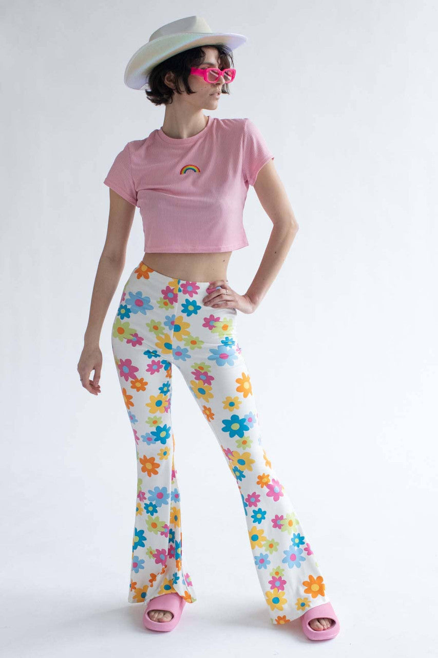 White Flower Power Print Bell Bottoms