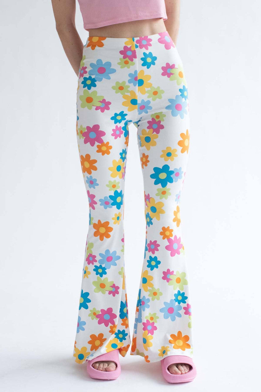 White Flower Power Print Bell Bottoms