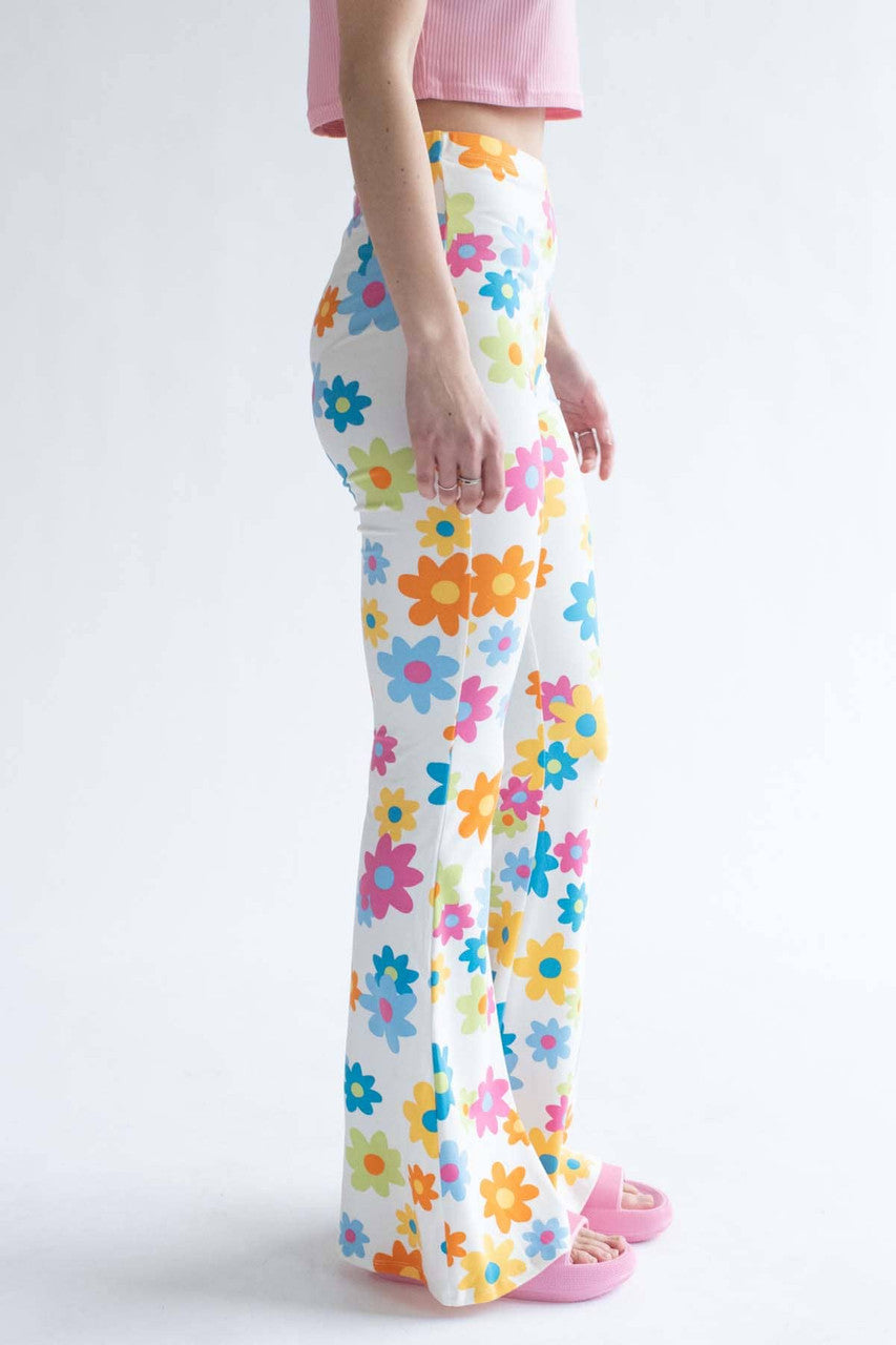 White Flower Power Print Bell Bottoms