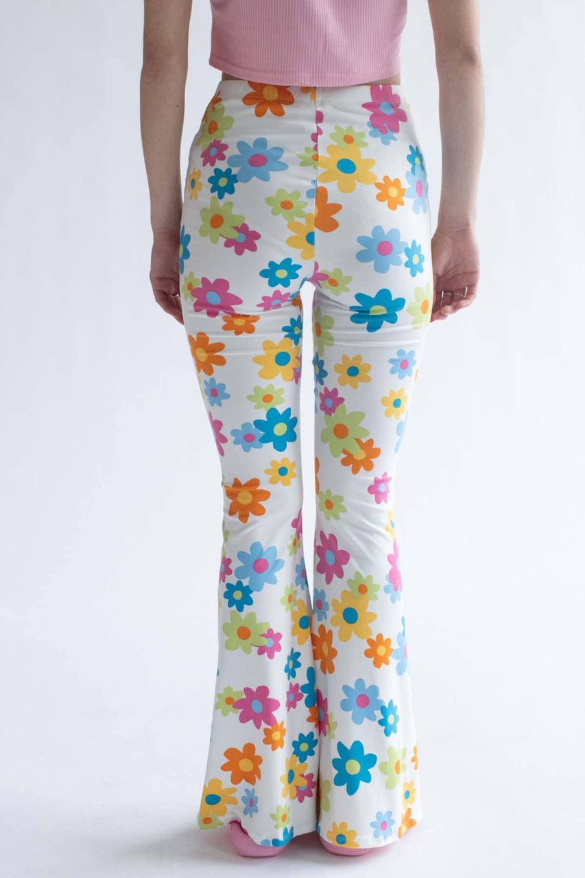 White Flower Power Print Bell Bottoms