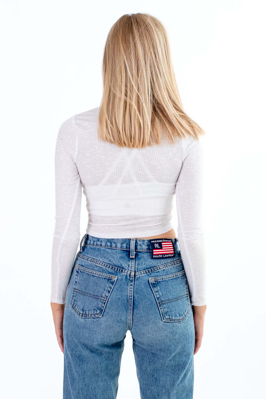 White Knit Slub Rib Mock Turtle Neck