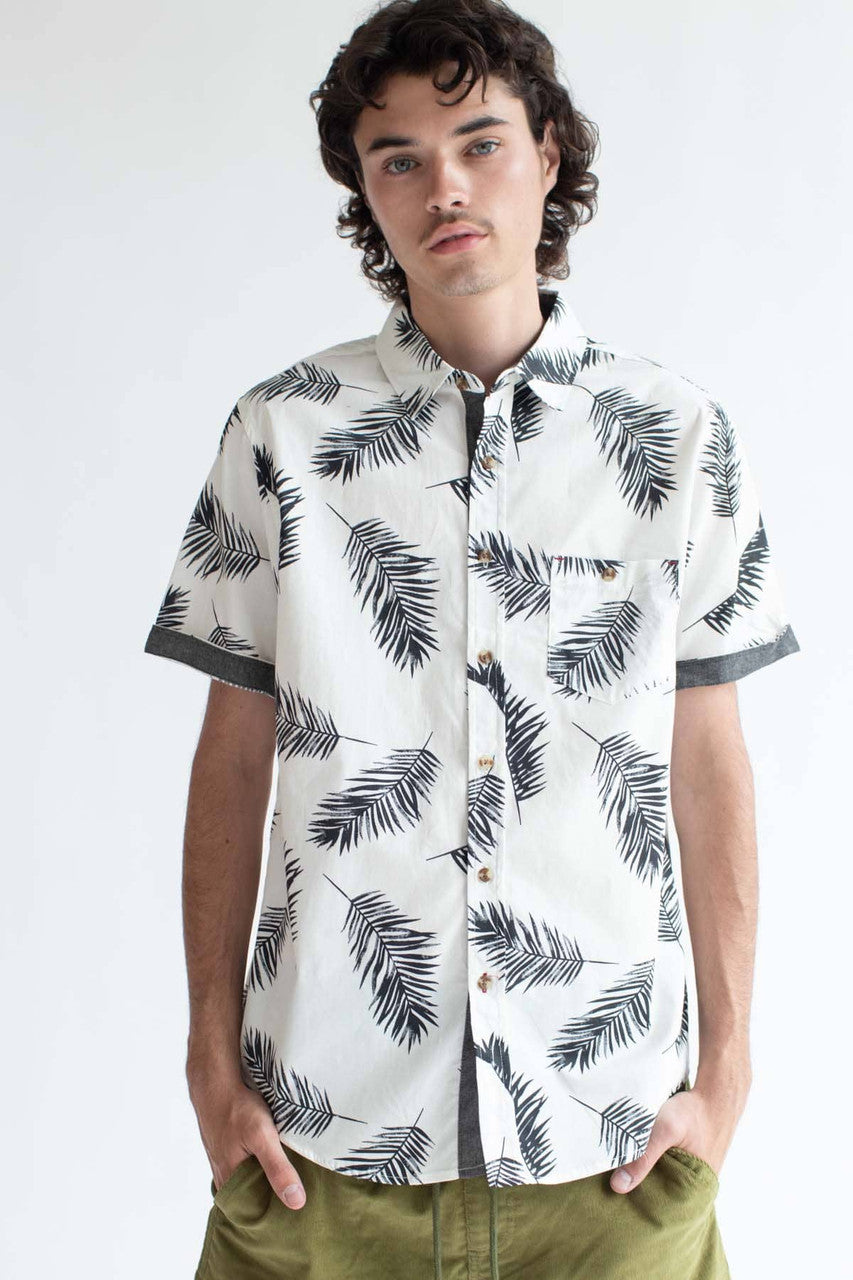 White Leaf Ink Print Button Up Shirt
