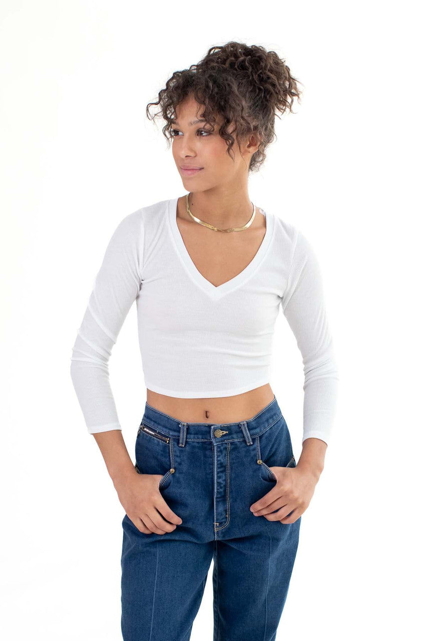 White Long Sleeve Ribbed V Neck