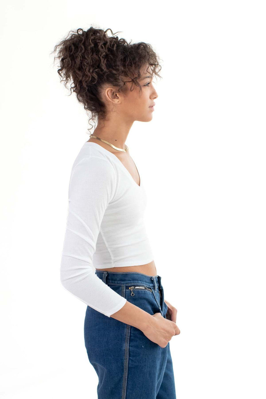 White Long Sleeve Ribbed V Neck