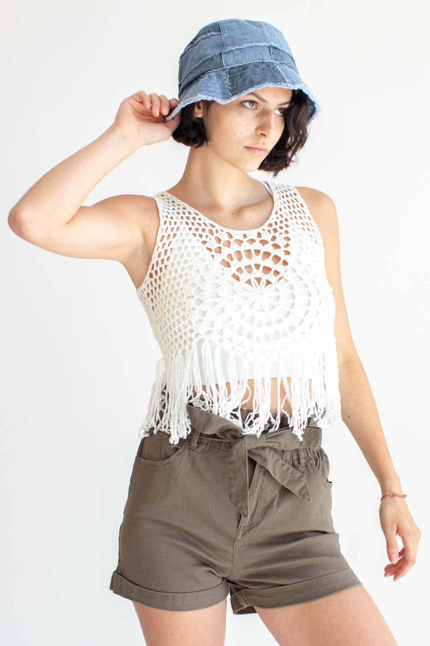 White Mandala Crochet Fringe Top