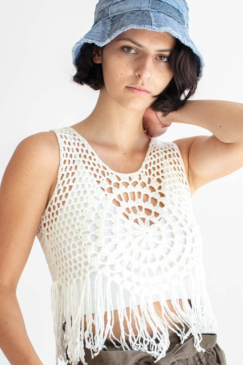 White Mandala Crochet Fringe Top
