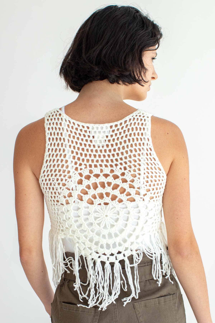 White Mandala Crochet Fringe Top