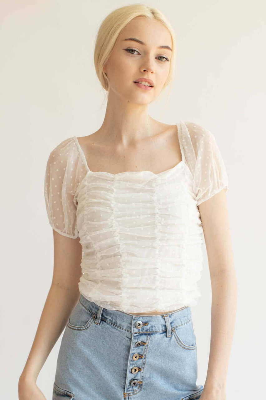 White Mesh Dot Ruched Top