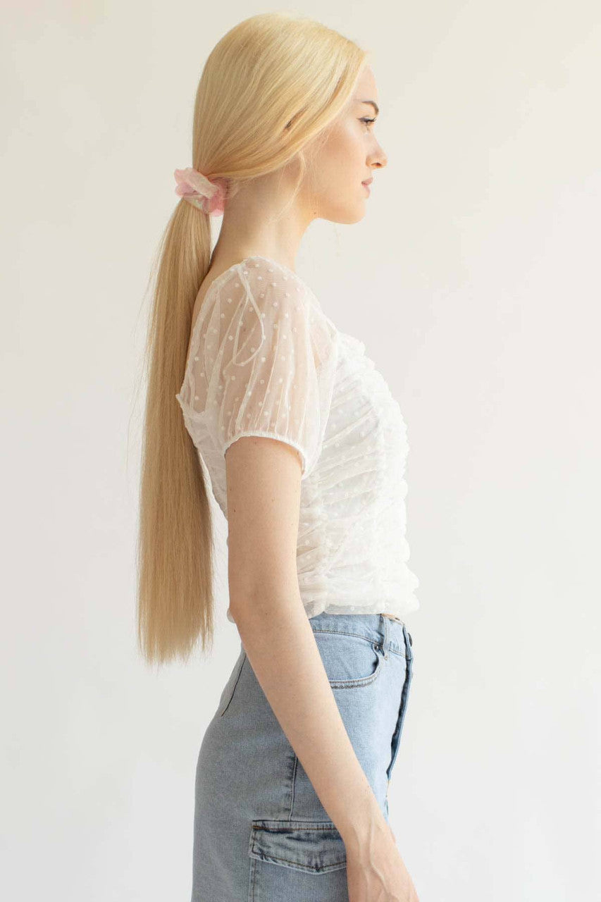 White Mesh Dot Ruched Top