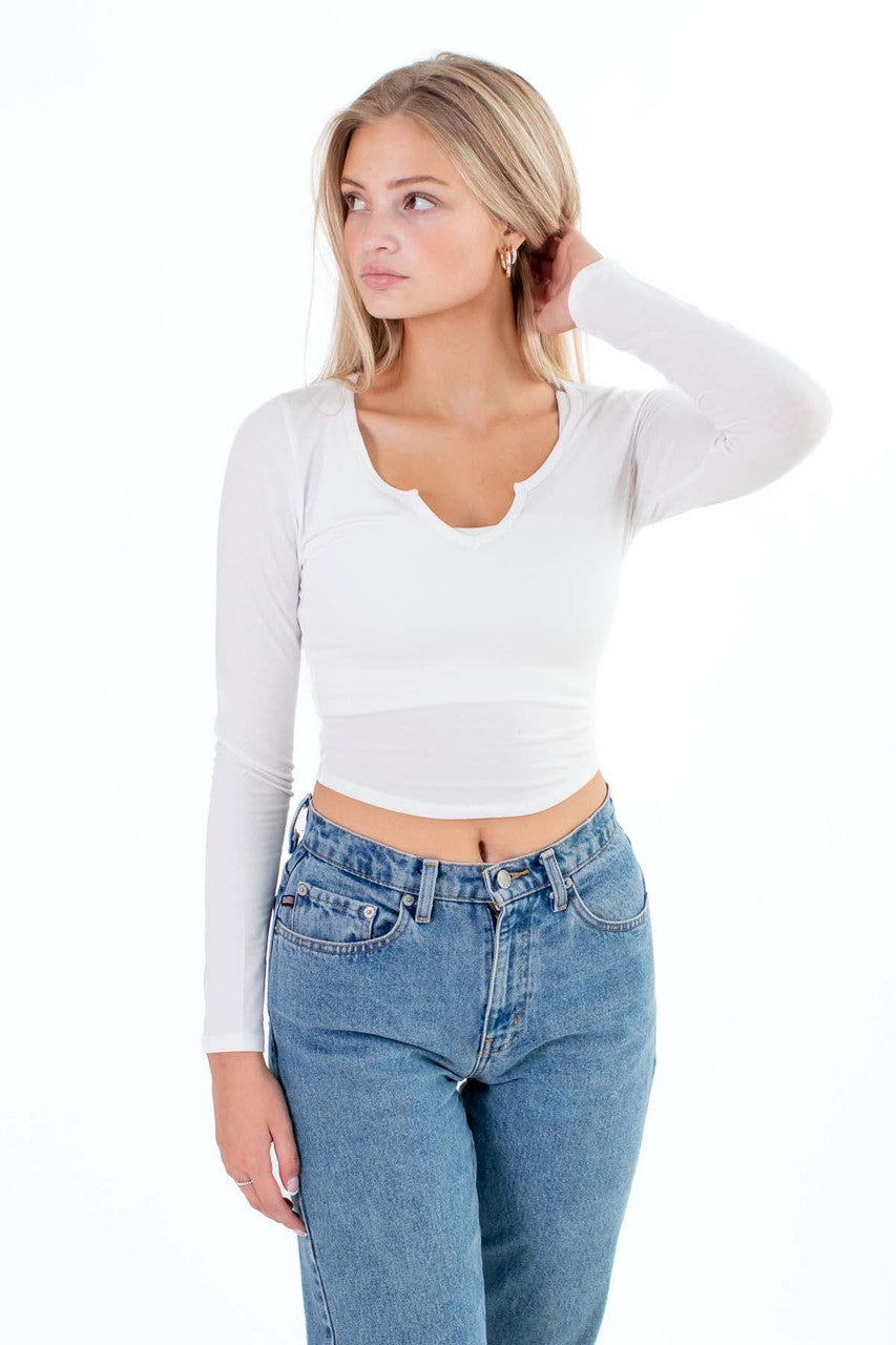 White Notched Neck Long Sleeve Top