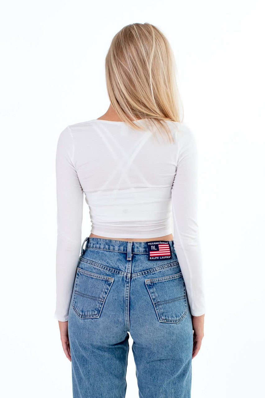 White Notched Neck Long Sleeve Top