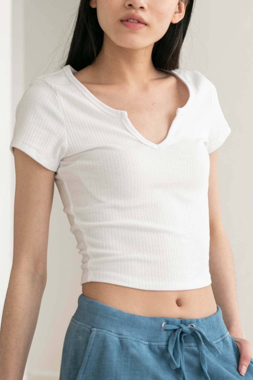 White Notched Ribbed Crop Tee