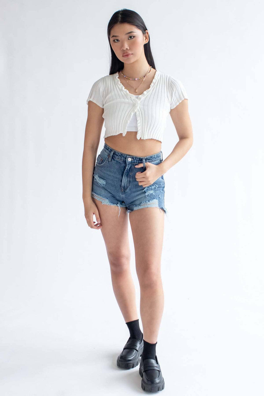 White Ribbed Short Sleeve Cardigan