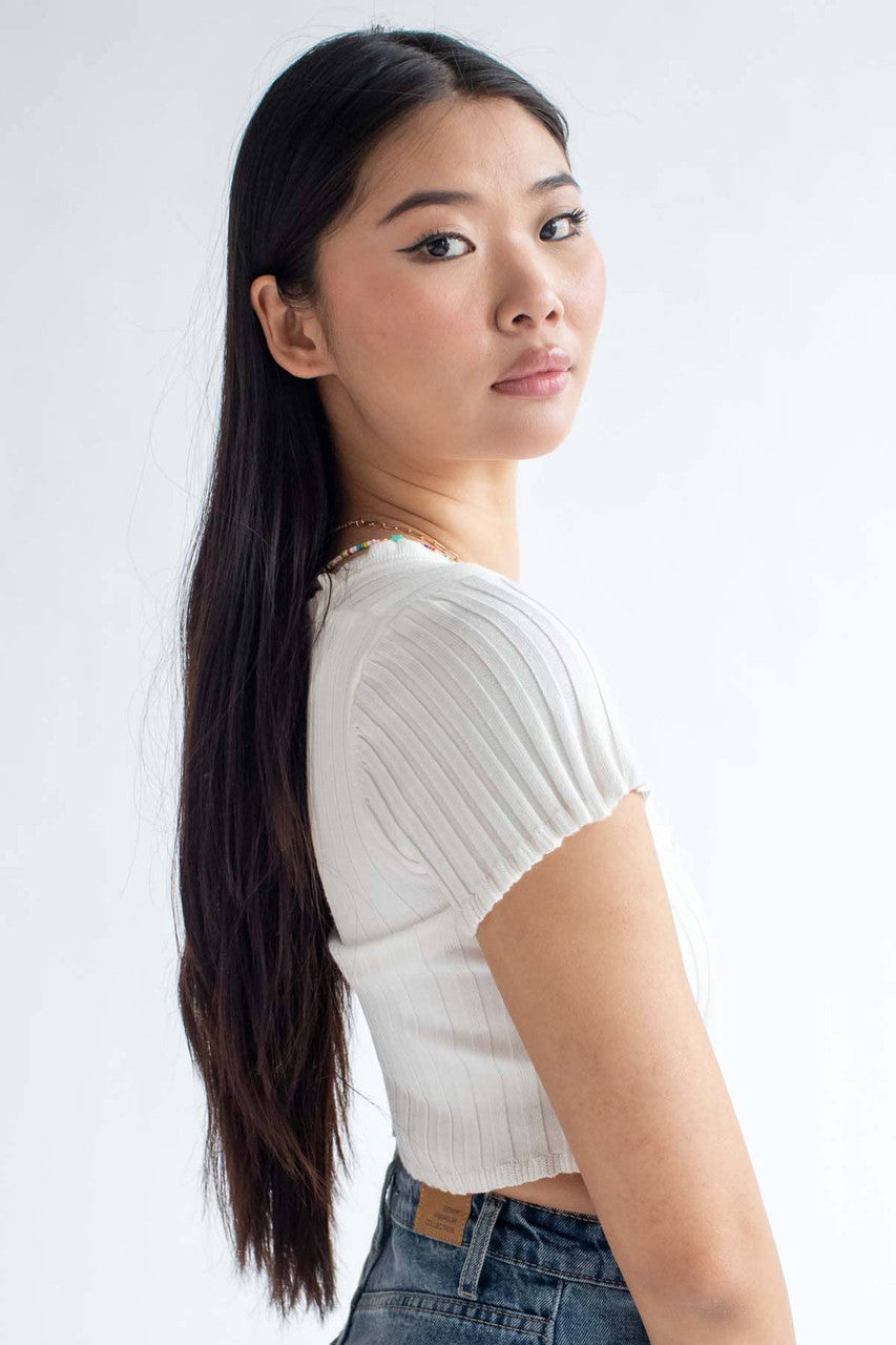 White Ribbed Short Sleeve Cardigan