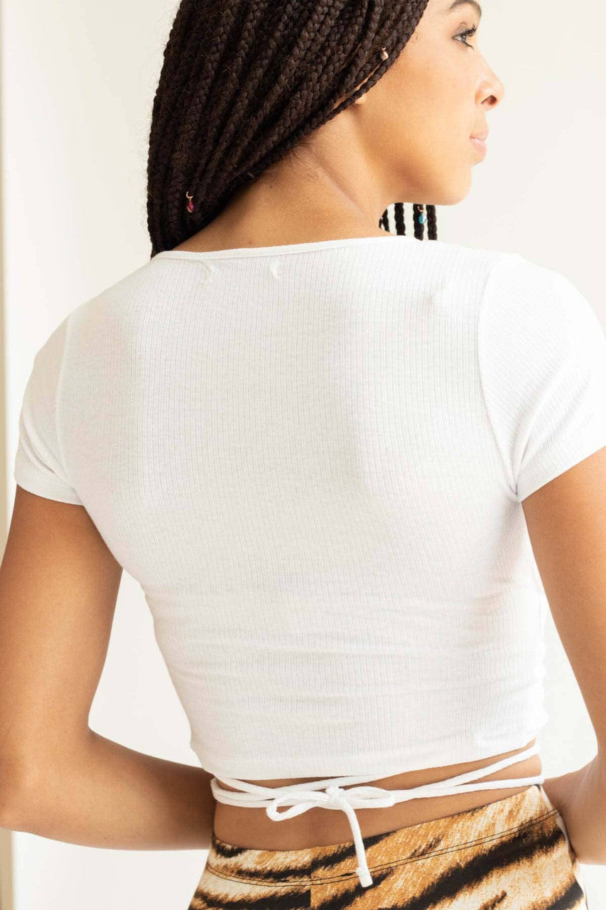 White Ribbed Tie Waist Tee