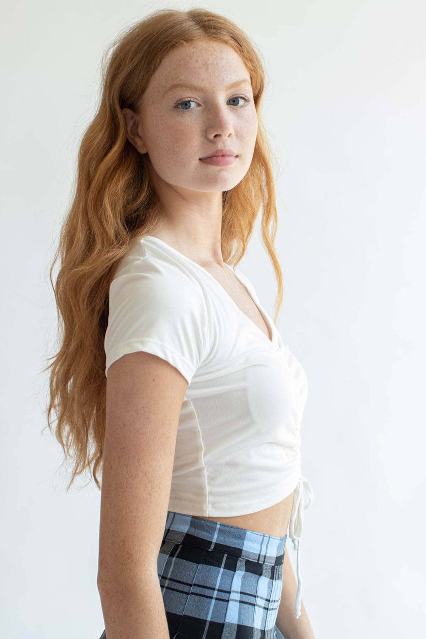 White Ruched V Neck Crop Tee