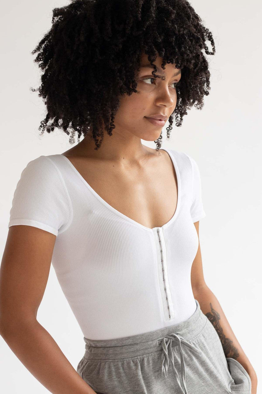 White Seamless Hook & Eye Ribbed Bodysuit