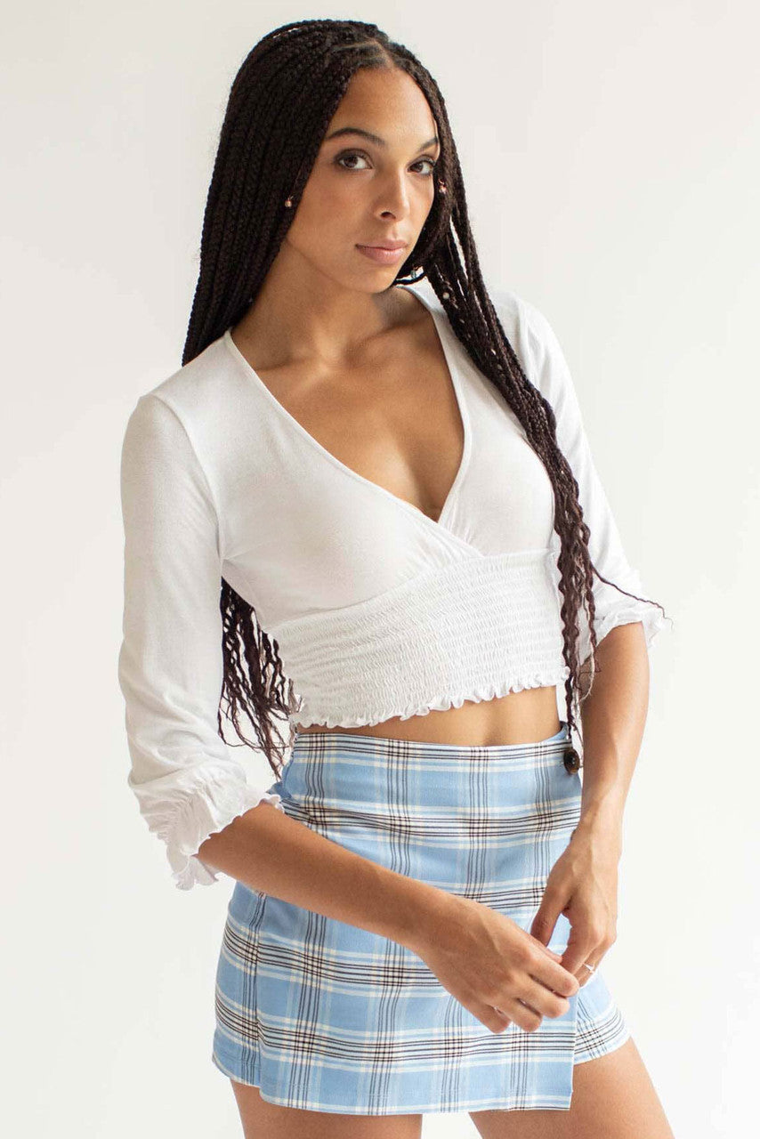 White Smocked Waist Deep V Neck Top