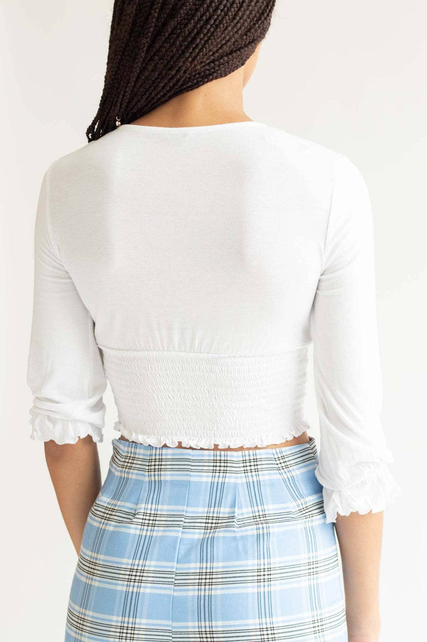 White Smocked Waist Deep V Neck Top
