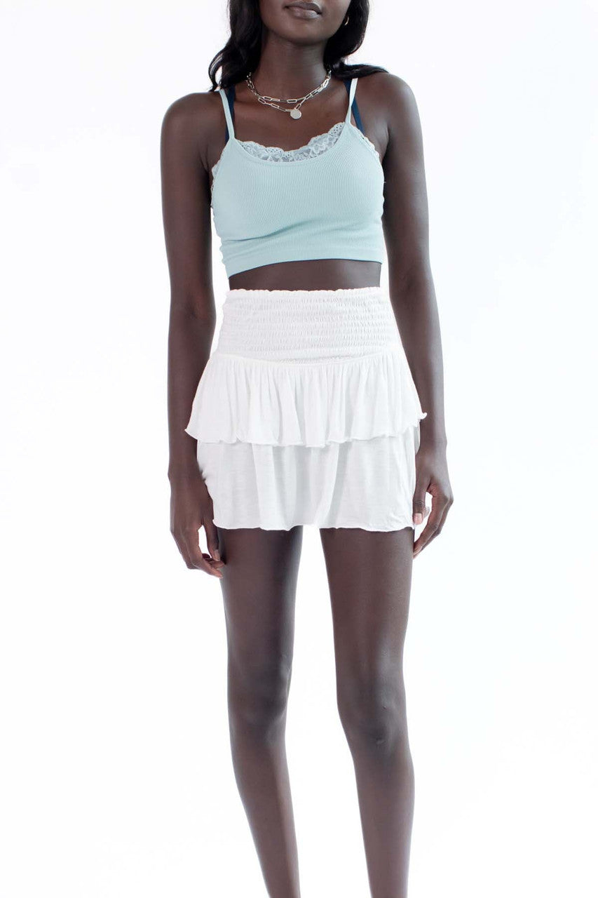 White Smocked Waist Ruffle Skirt