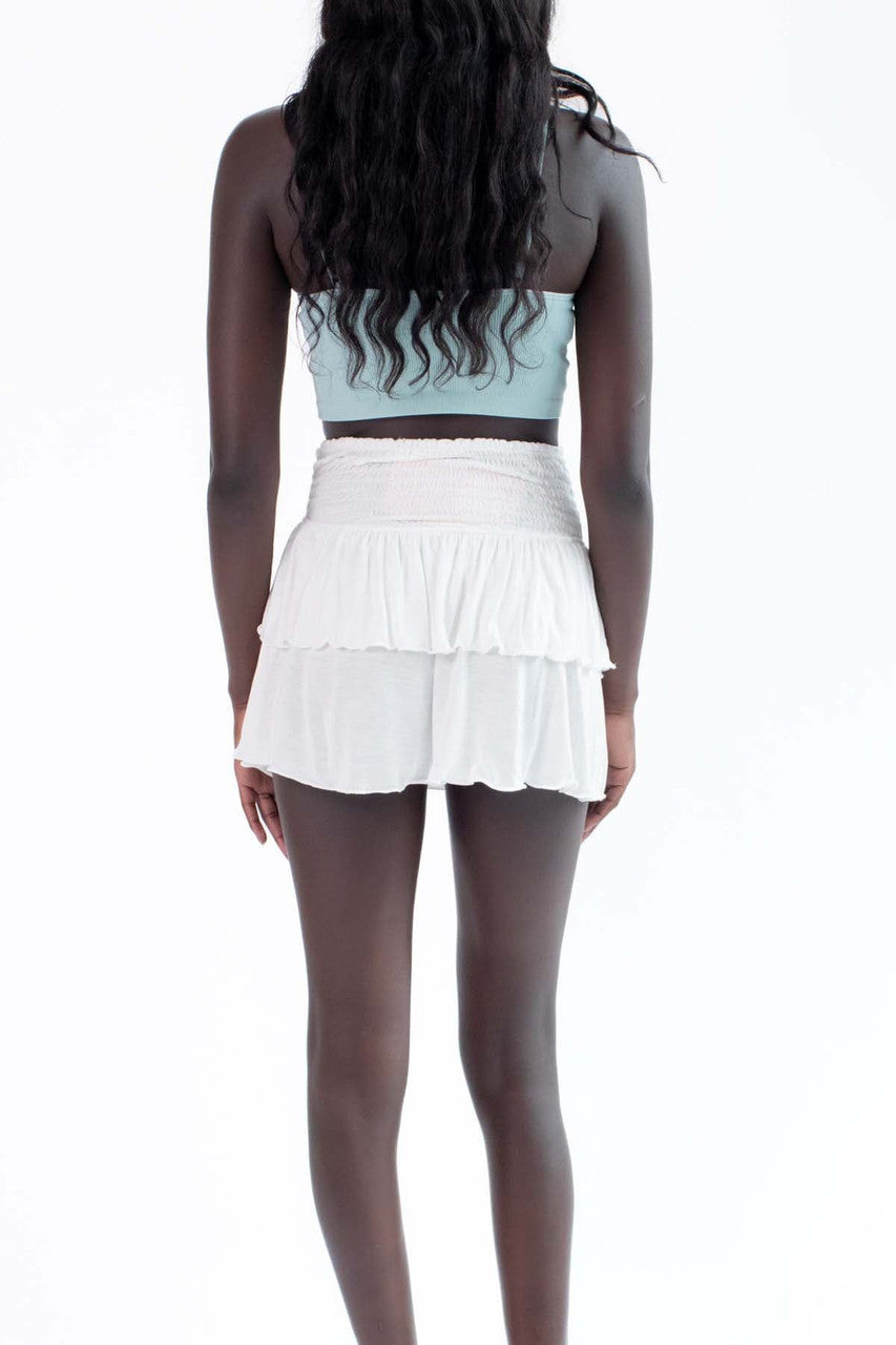 White Smocked Waist Ruffle Skirt