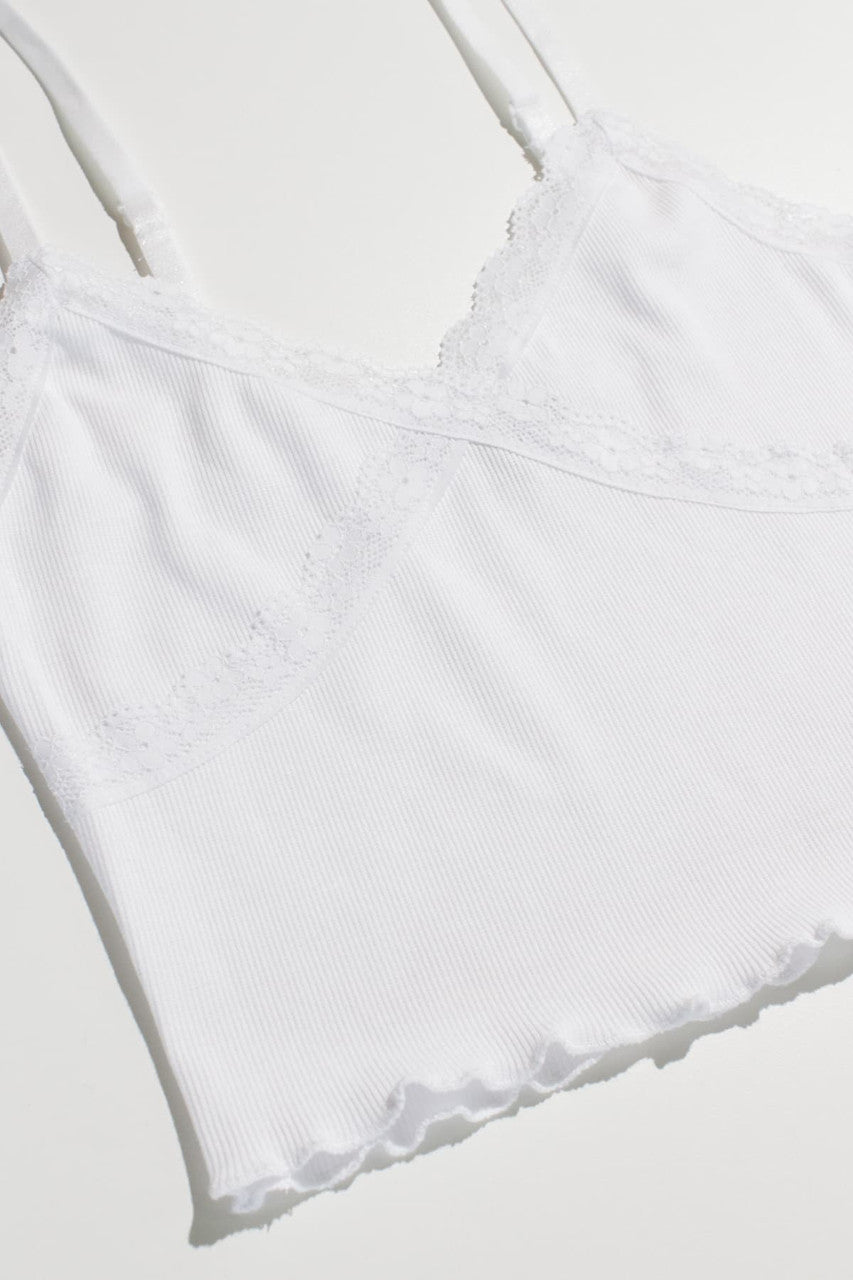 White Lace Trim Ribbed Crop Cami