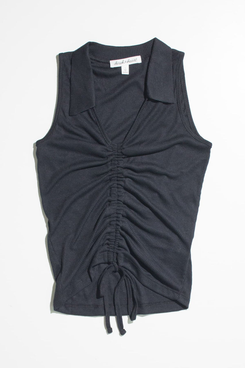 Black Ruched Front Ribbed Sleeveless Polo