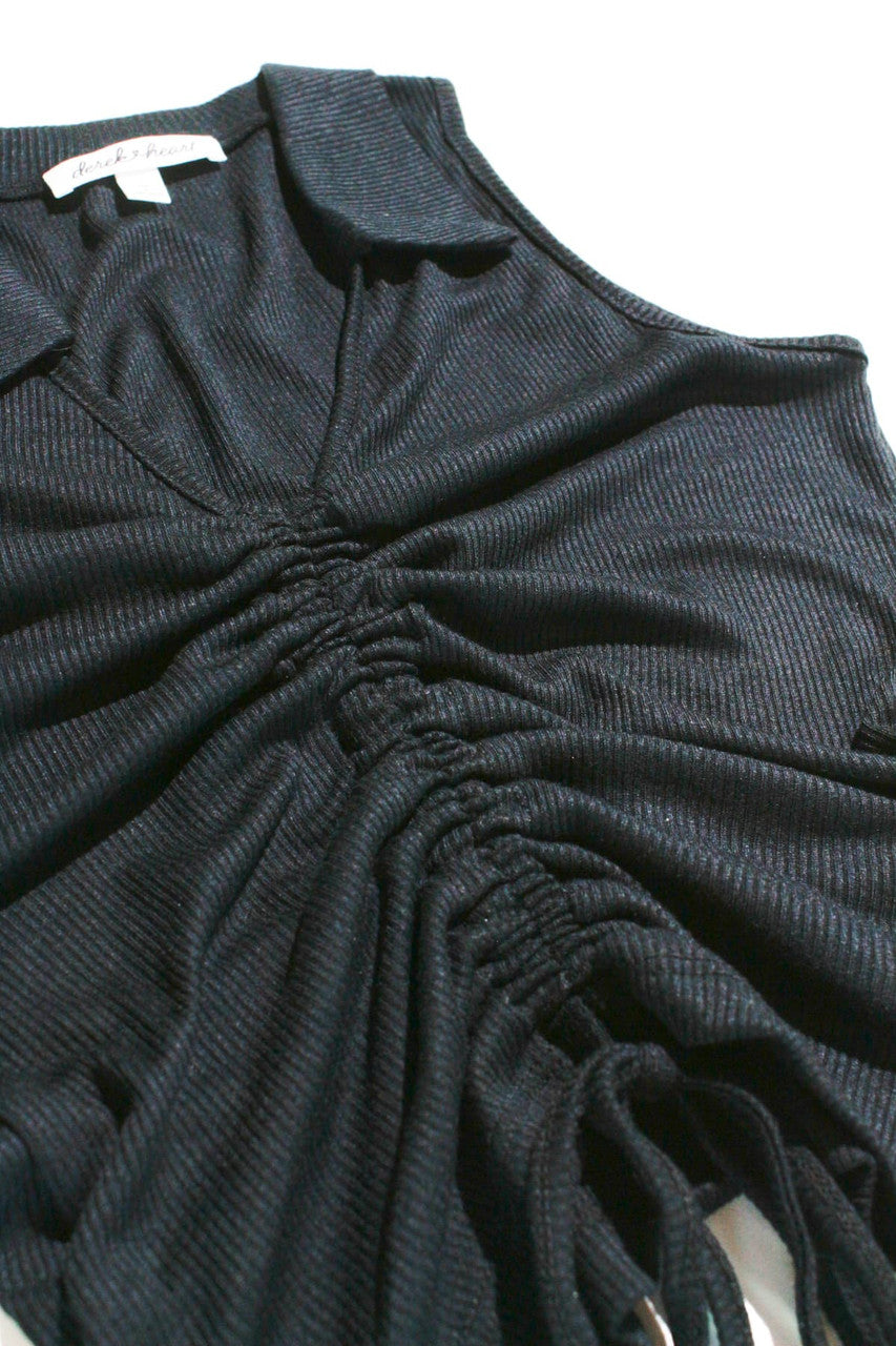 Black Ruched Front Ribbed Sleeveless Polo