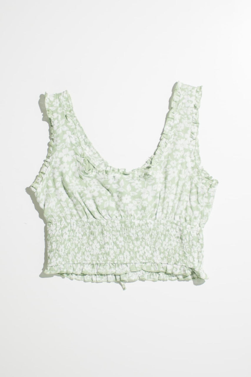 Green Gauze Floral Smock Waist Top