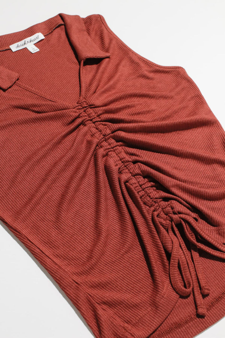 Clay Ruched Front Ribbed Sleeveless Polo