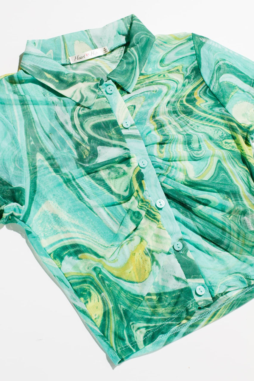 Marbled Minty Green Ruched Mesh Polo