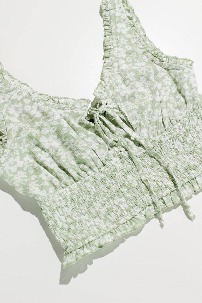 Green Gauze Floral Smock Waist Top