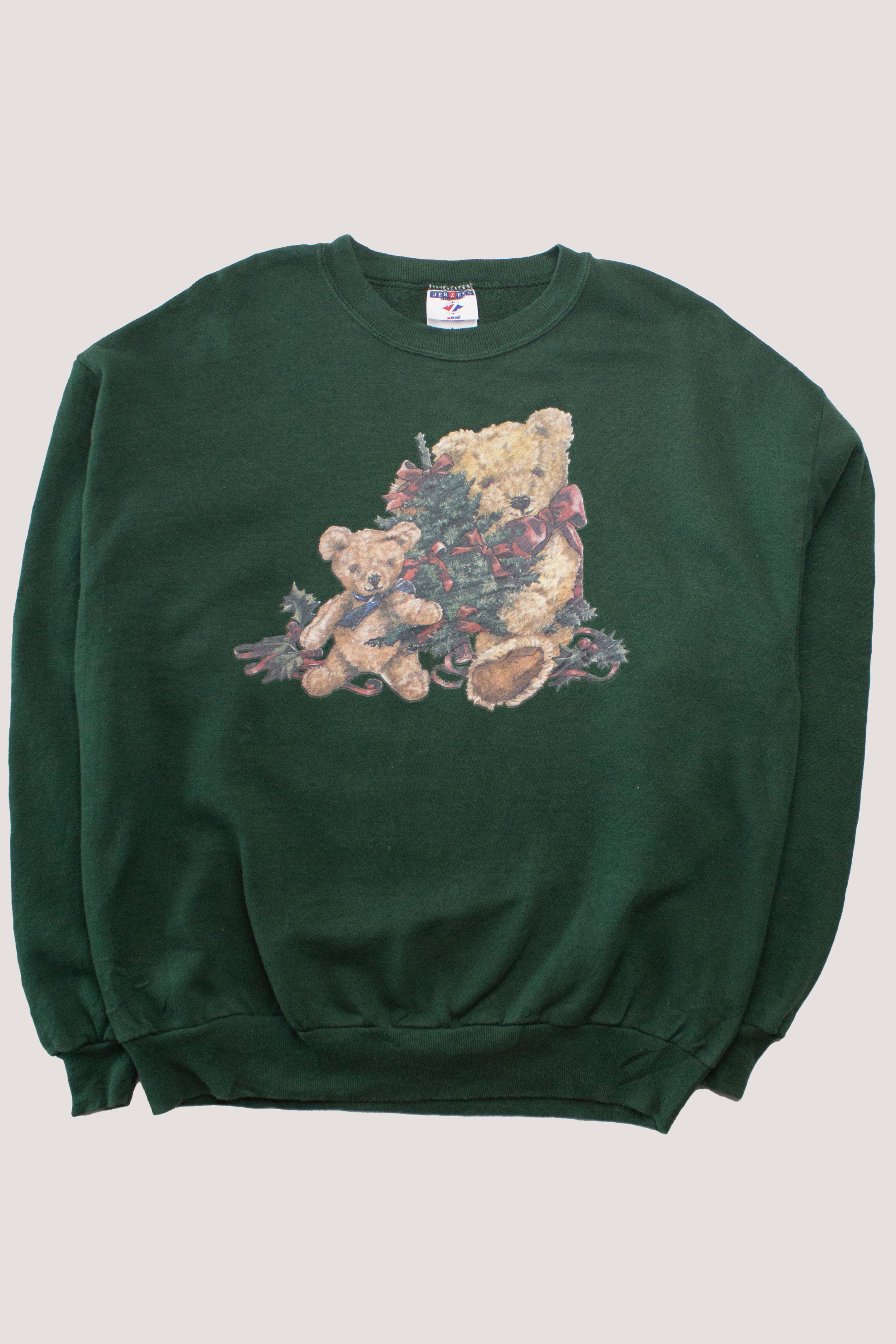 Vintage dark green Christmas sweatshirt with teddy bears and holiday decorations, women's sizing, cozy festive style