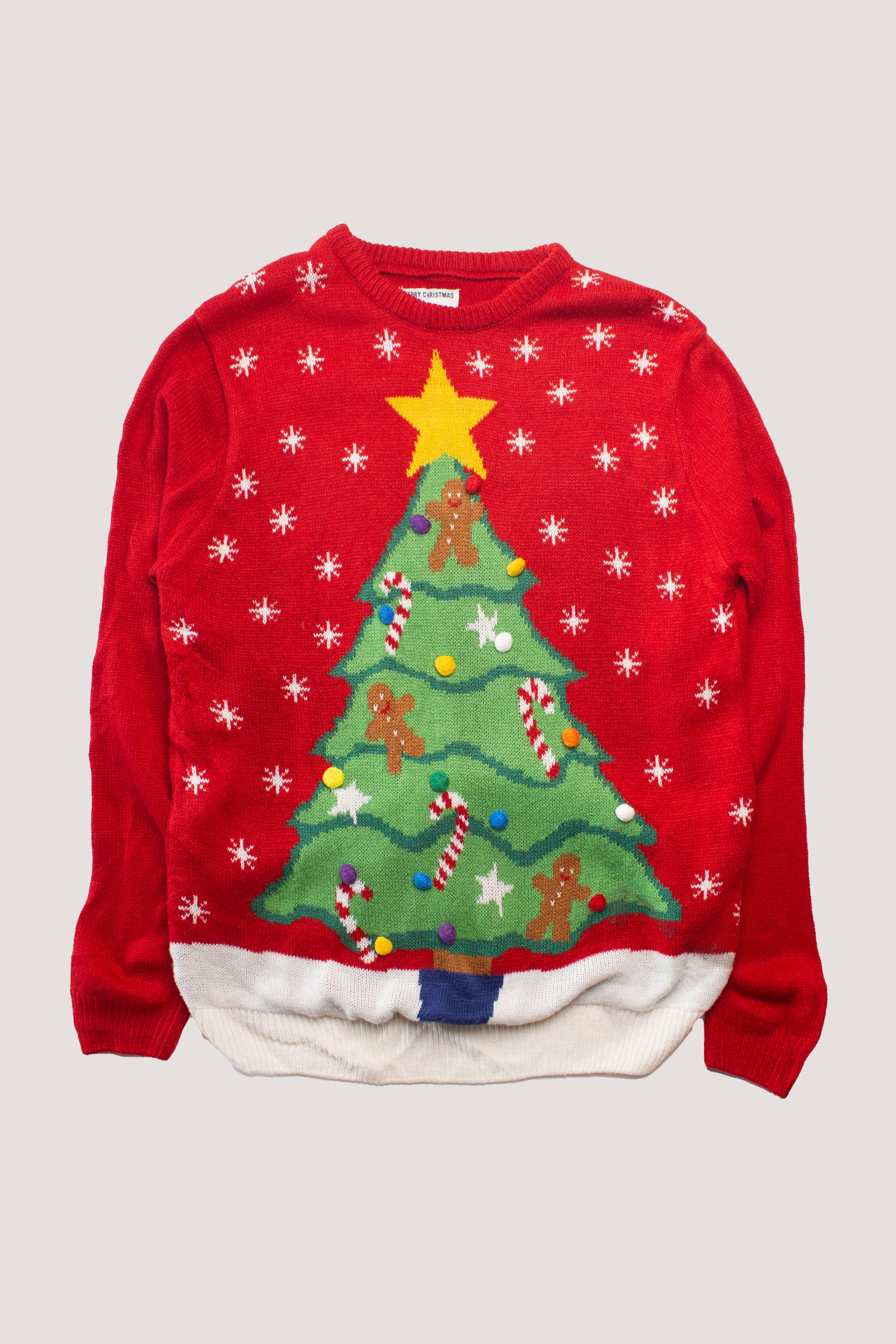Red Christmas sweater with decorated tree, gingerbread men, candy canes, and white snowflakes pattern