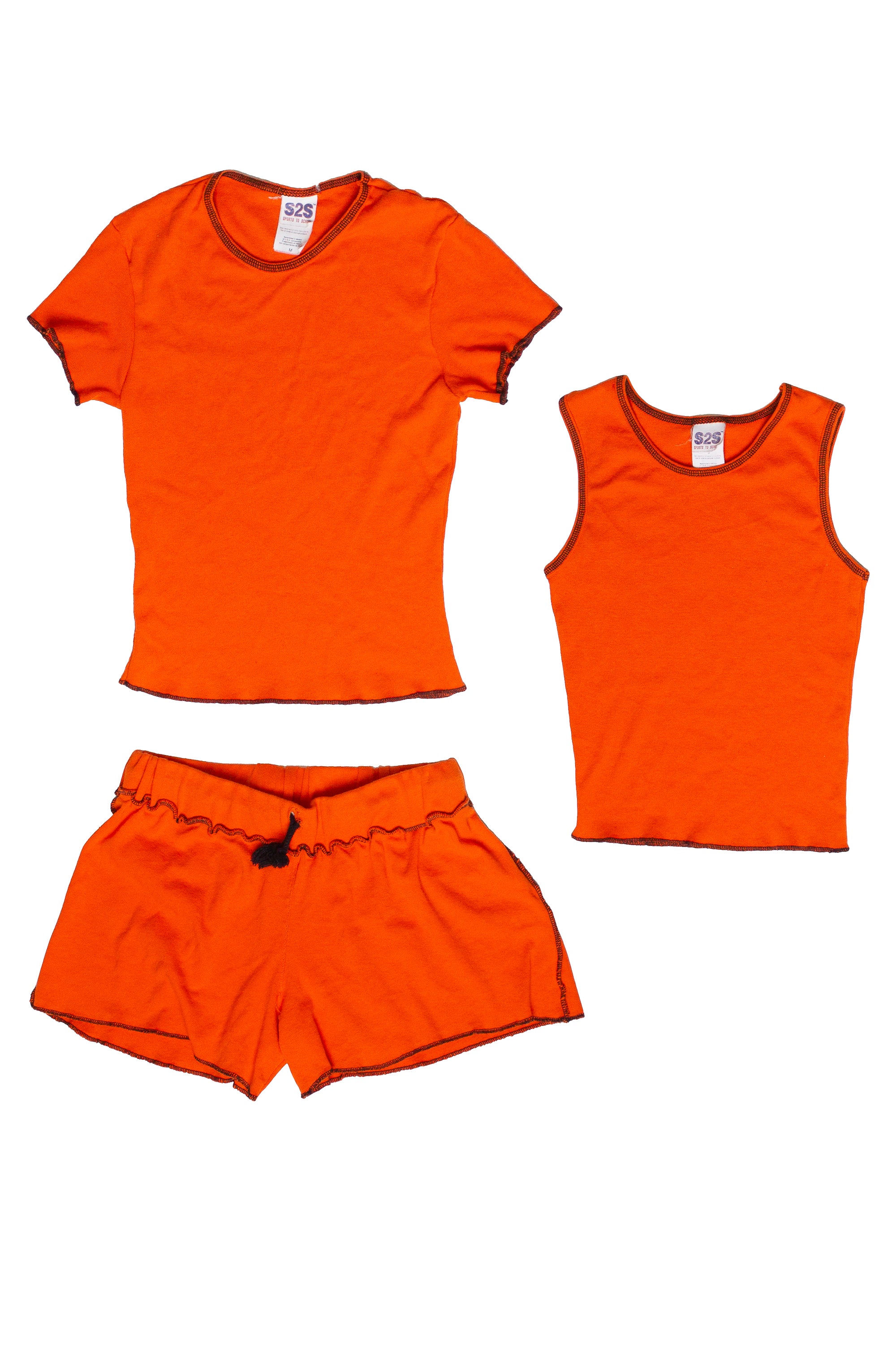 Orange t-shirt, tank top, and shorts set on a white background