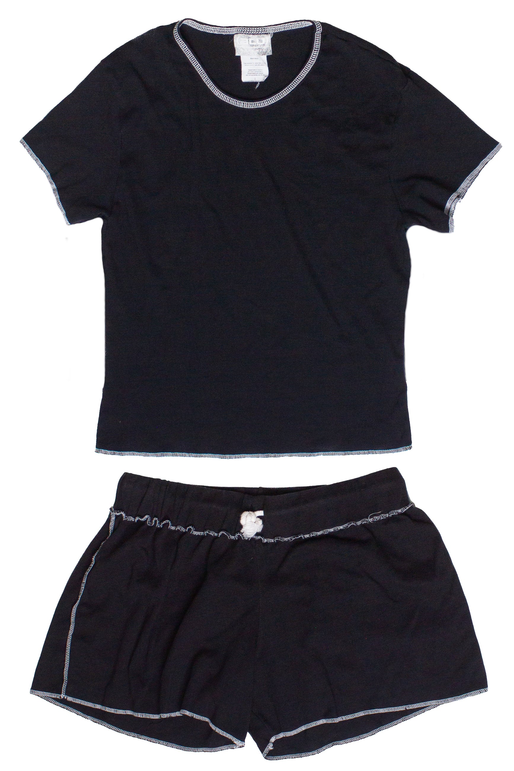 Black t-shirt and shorts set on a white background