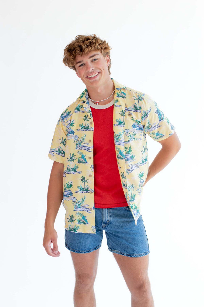 Yellow Beach Hut Print Hawaiian Shirt