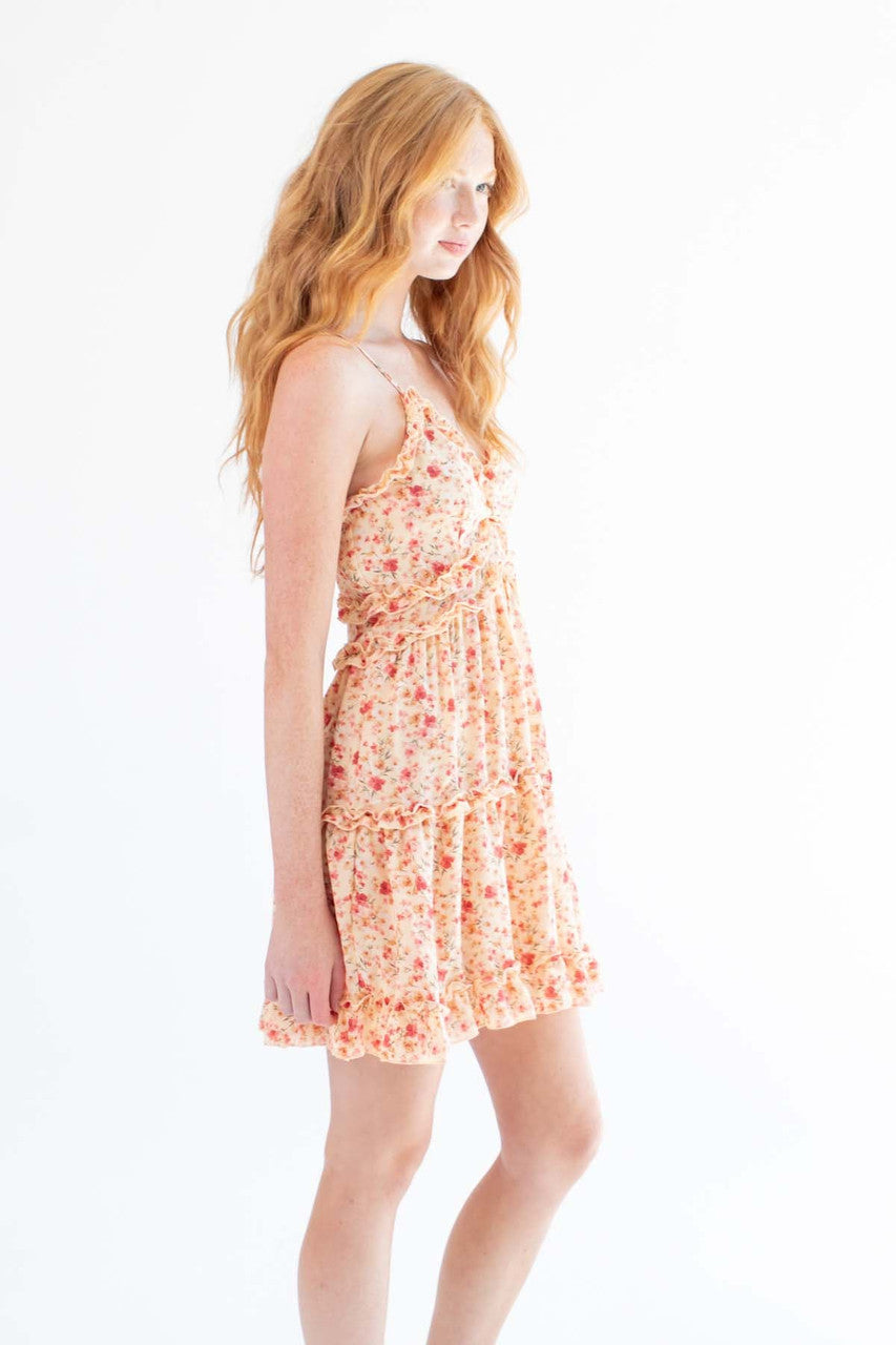 Yellow Bold Floral Ruffle Mini Dress