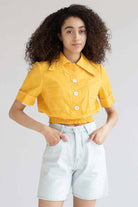 Cropped Yellow Denim Butterfly Collar Top
