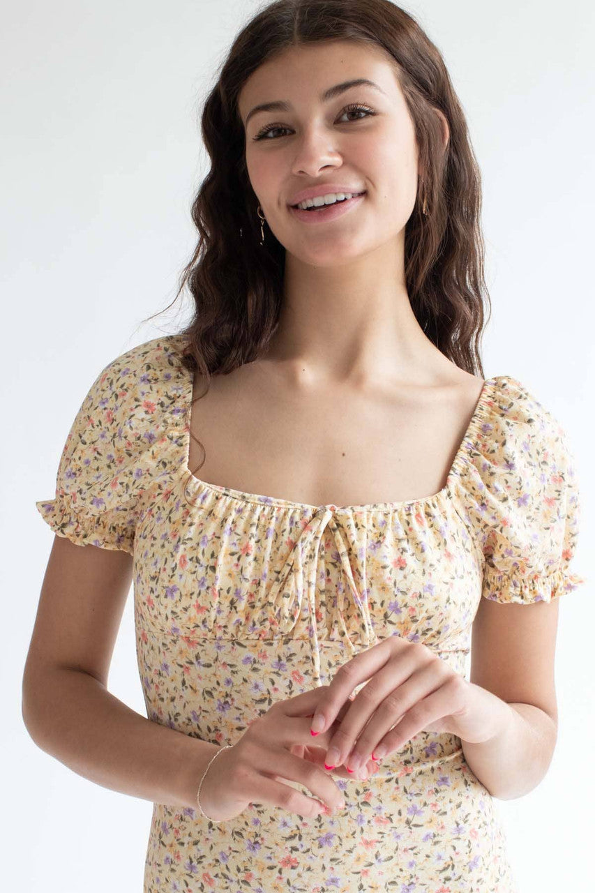 Yellow Ditsy Floral Milkmaid Mini Dress