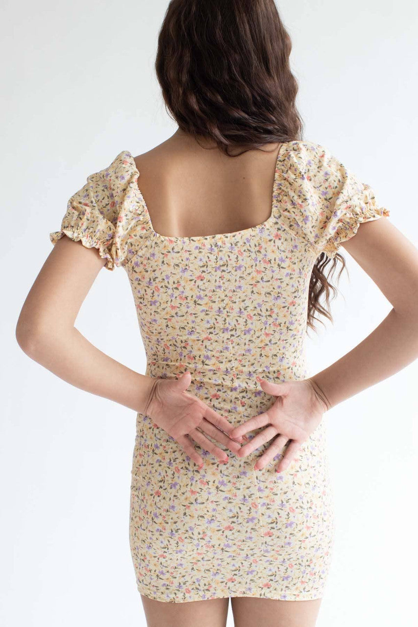Yellow Ditsy Floral Milkmaid Mini Dress