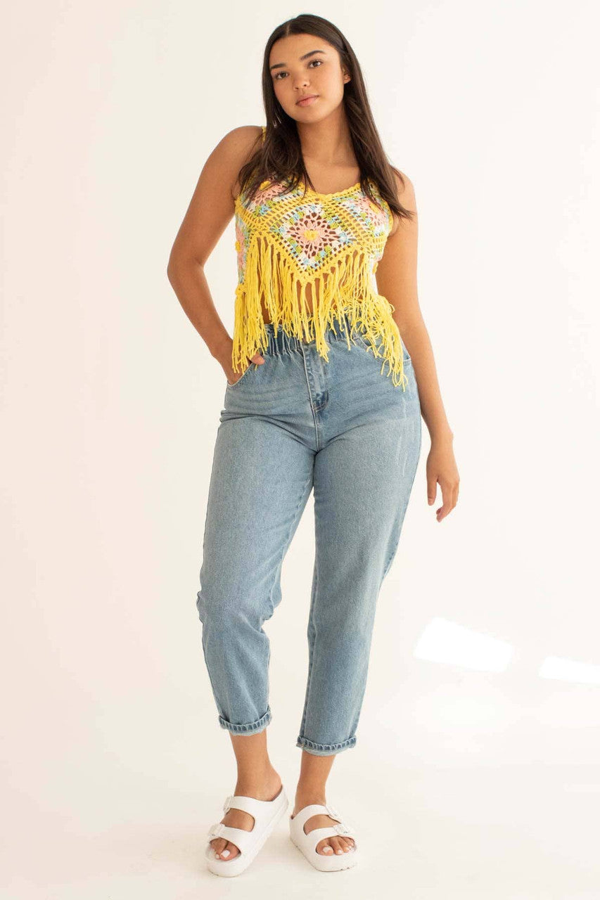 Yellow Floral Crochet Fringe Top