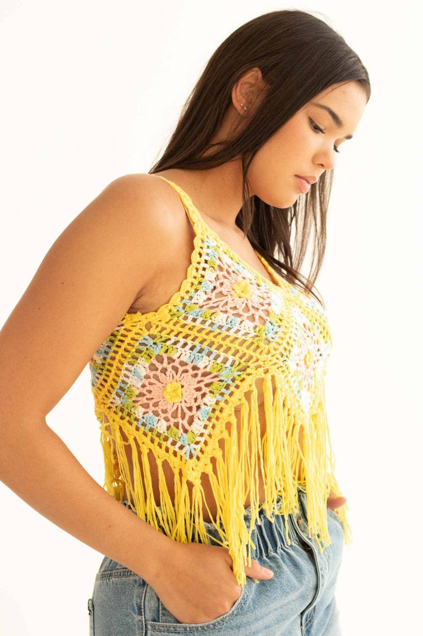 Yellow Floral Crochet Fringe Top