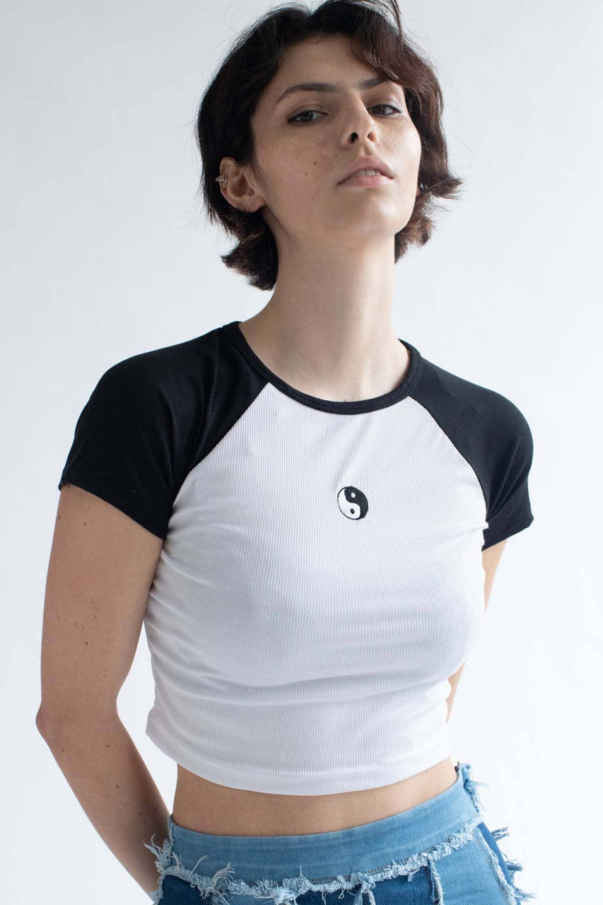 Yin Yang Embroidered Black & White Baseball Tee