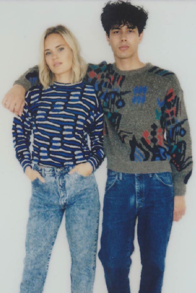 male and female model wearing 80's sweaters