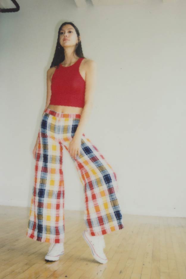 female model wearing vintage plaid pants