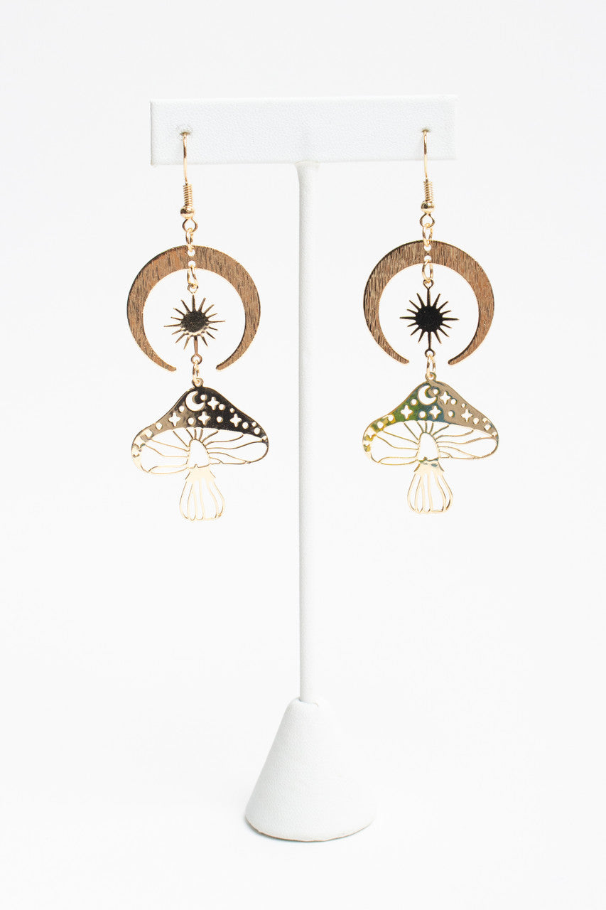 Gold Moon Mushroom Earrings