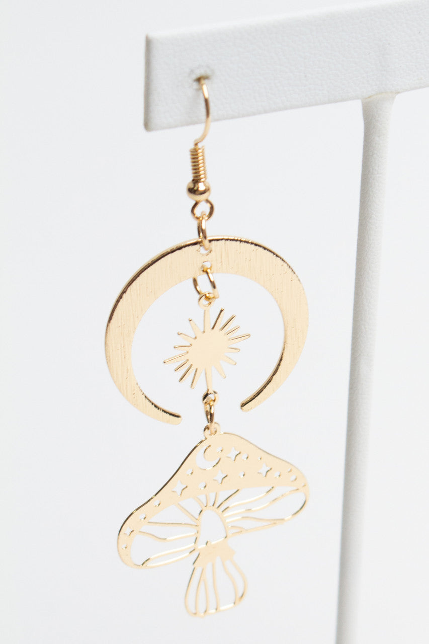 Gold Moon Mushroom Earrings