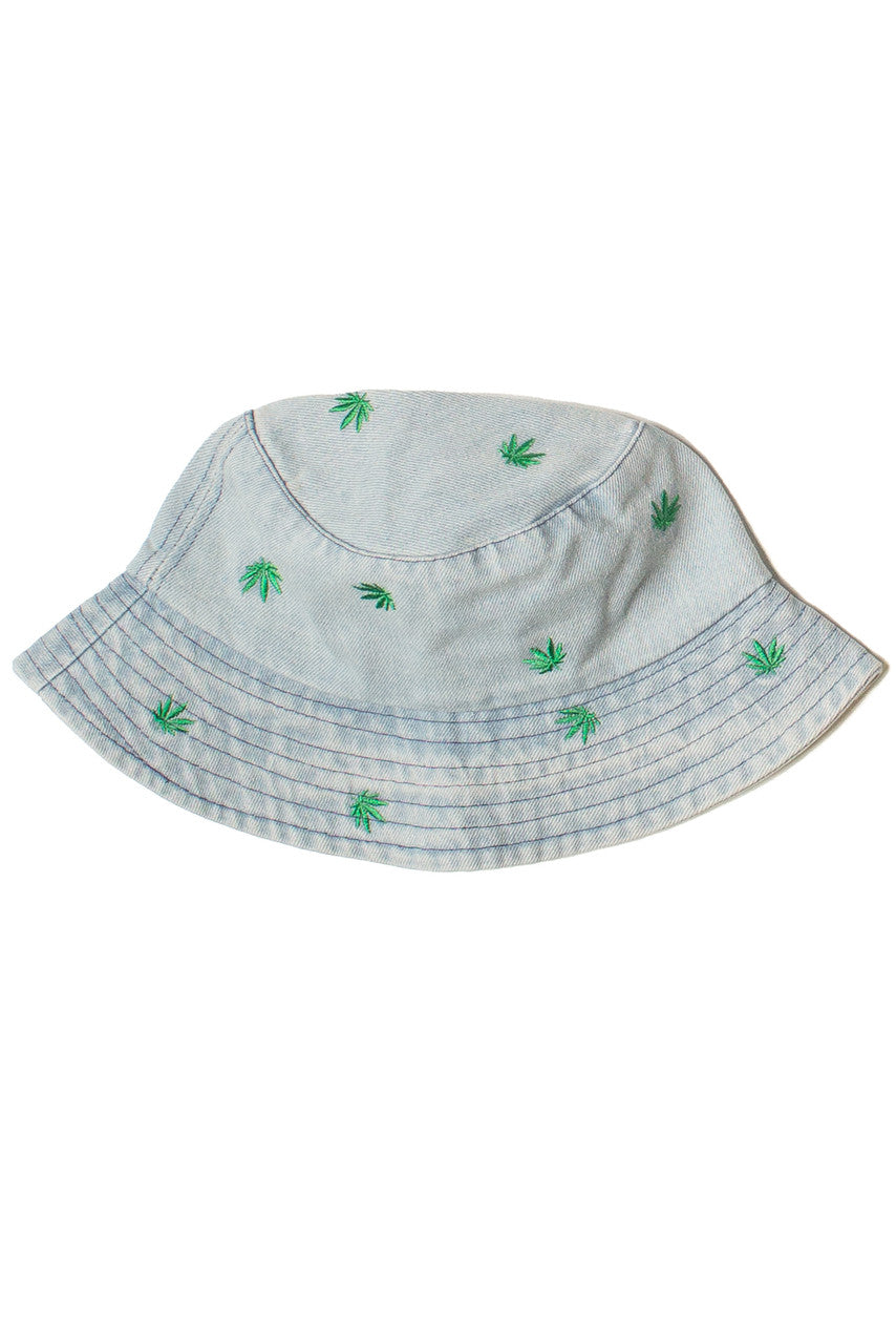 Embroidered Pot Leaf Denim Bucket Hat