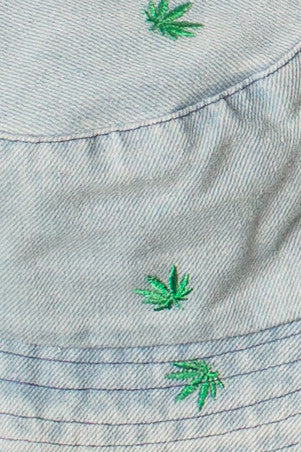 Embroidered Pot Leaf Denim Bucket Hat